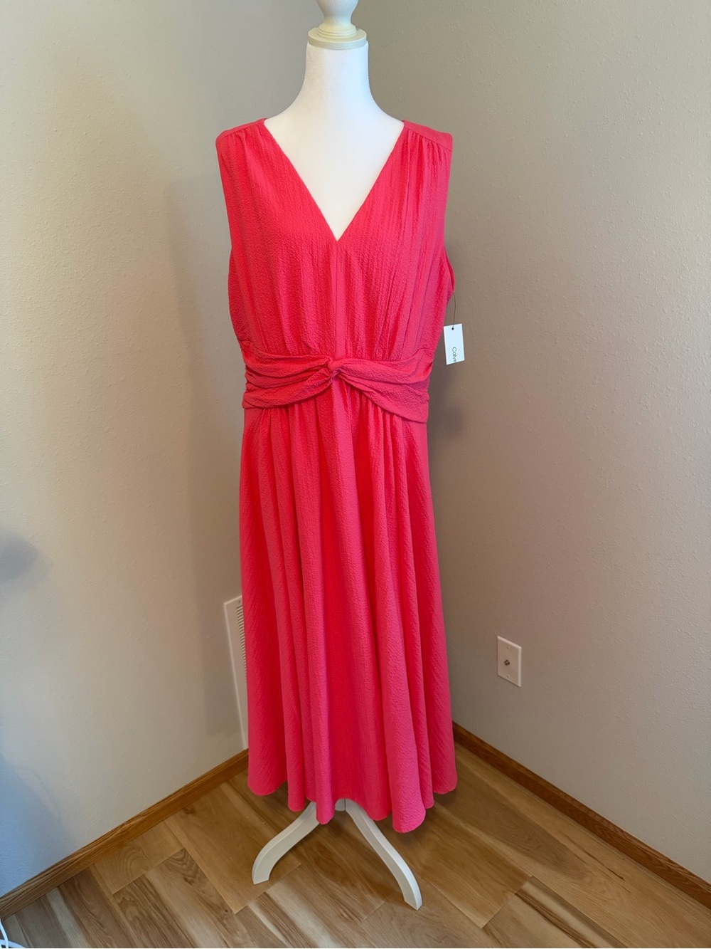 Calvin Klein Pink/Coral V-Neck Knot-Waist Midi Dress